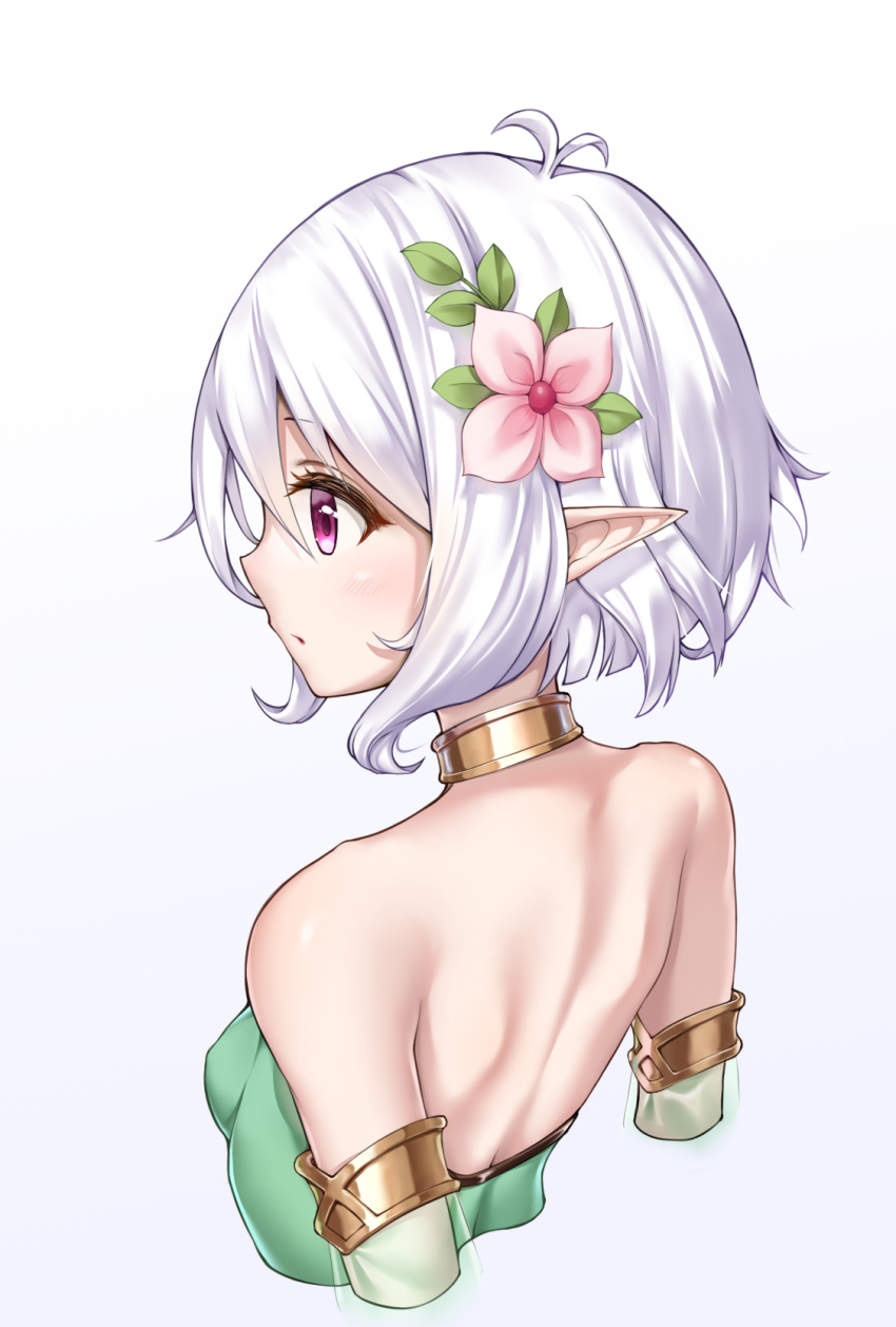 1girl back bare_shoulders choker commentary_request flower from_behind gradient gradient_background hair_flower hair_ornament highres kokkoro_(princess_connect!) lavender_background menyou_rouru pink_eyes pointy_ears princess_connect! princess_connect!_re:dive short_hair solo white_hair