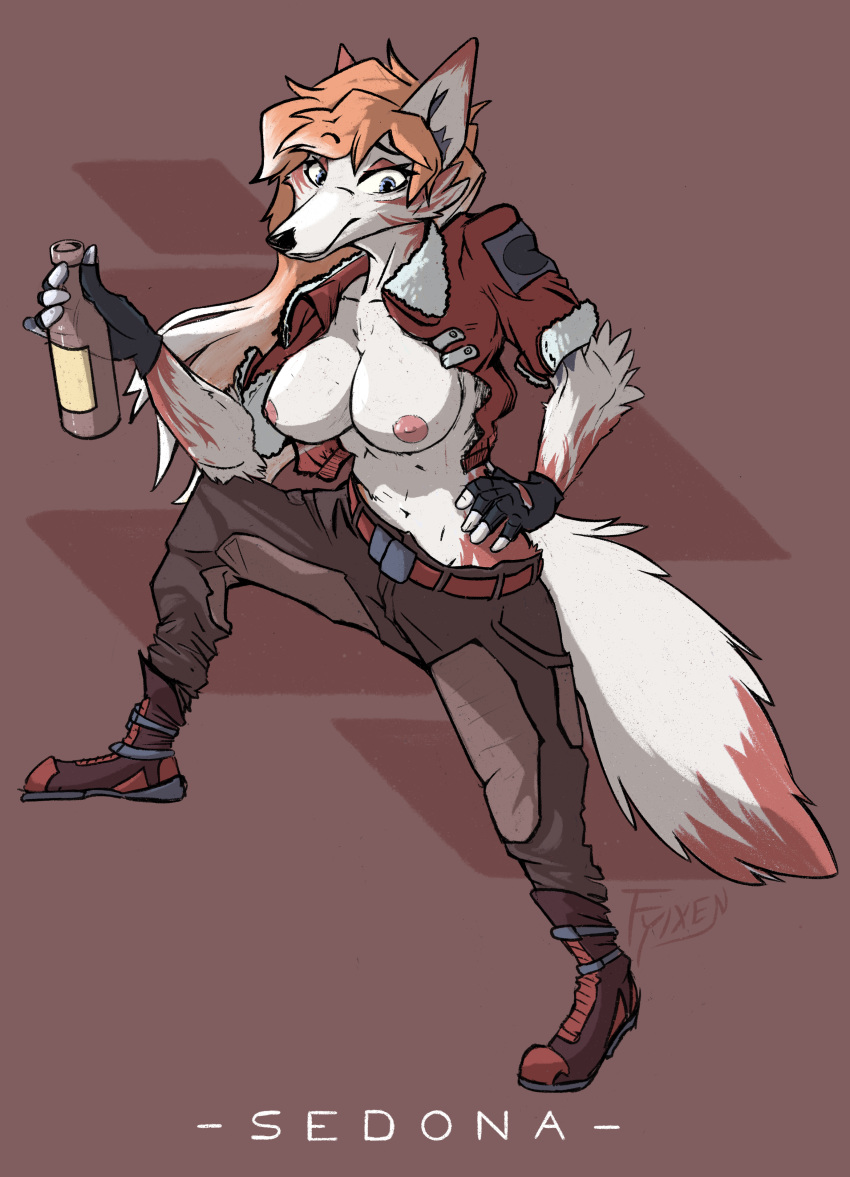 absurd_res alcohol arctic_fox athletic beer beverage big_breasts bomberman_jetters boots breasts canid canine clothing crop_top drinking exposed_breasts female footwear fox fur fyixen hi_res mammal midriff orange_body orange_fur pilot pinup pose sedona_(fyixen) shirt solo topwear white_body white_fur