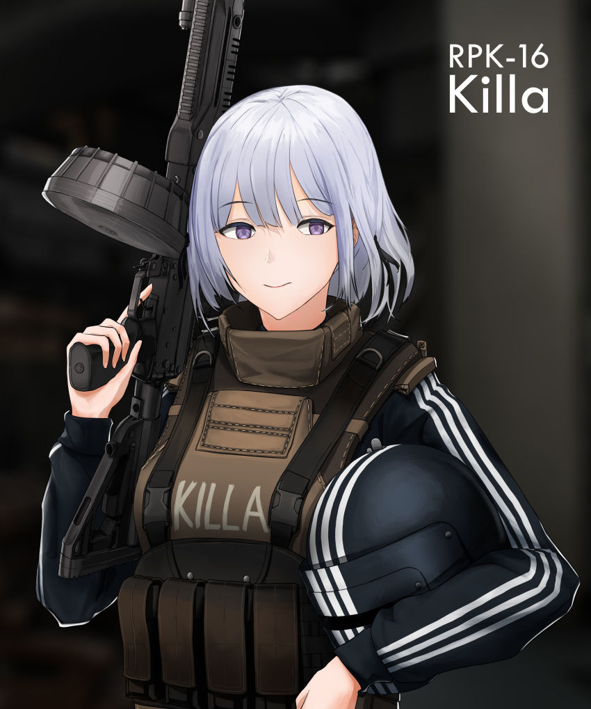 1girl absurdres black_ribbon carrying_under_arm character_name closed_mouth drum_magazine english_commentary escape_from_tarkov eyebrows_visible_through_hair girls_frontline gun hair_ribbon headwear_removed helmet helmet_removed highres holding holding_gun holding_helmet holding_weapon klowncel light_machine_gun long_sleeves plate_carrier pouch purple_eyes purple_pupils ribbon rpk-16 rpk-16_(girls_frontline) short_hair silver_hair smile solo striped track_suit upper_body vertical_stripes visor wavy_mouth weapon