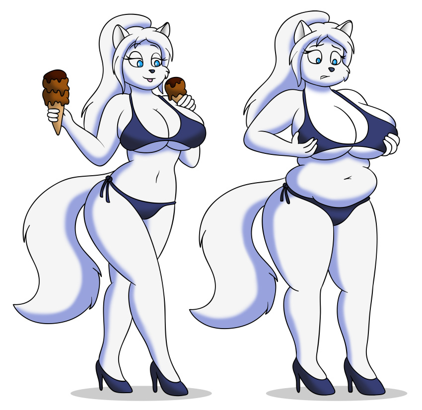 absurd_res anthro bikini breasts canid canine canis clothing dessert female food footwear hi_res high_heels ice_cream lordstormcaller mammal shoes slightly_chubby solo swimwear weight_gain wolf