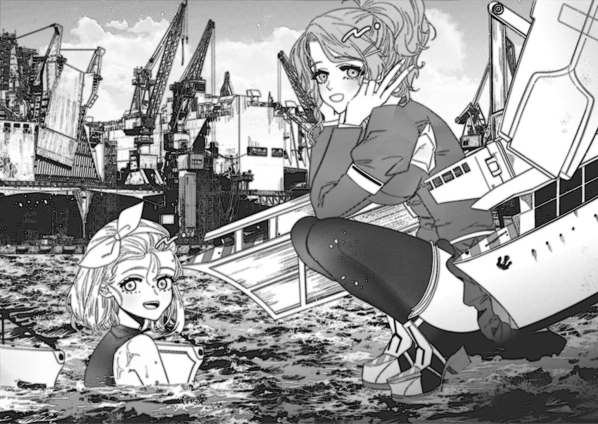 2girls anno88888 aquila_(kantai_collection) armpit_cutout bangs cloud eyebrows_visible_through_hair greyscale hairband high_ponytail highres jacket kantai_collection long_sleeves luigi_torelli_(kantai_collection) monochrome multiple_girls open_mouth outdoors partially_submerged ponytail rigging short_hair skirt sky squatting swimsuit thighhighs water wet