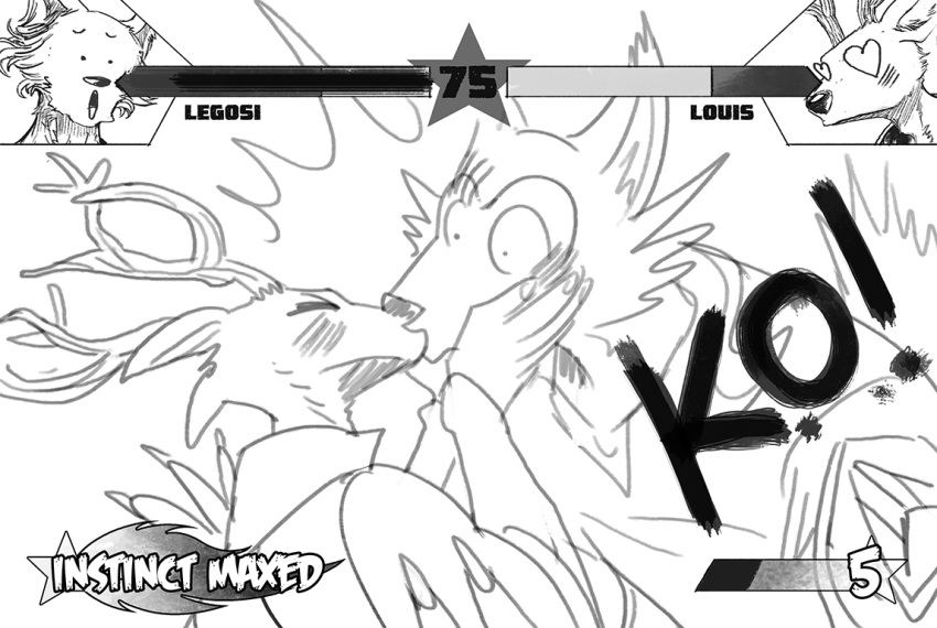 &lt;3 &lt;3_eyes 2020 anthro beastars blush canid canine canis cervid clothing darkspeeds duo english_text eyes_closed game_(disambiguation) kissing legoshi_(beastars) louis_(beastars) male male/male mammal monochrome scar surprise text wolf