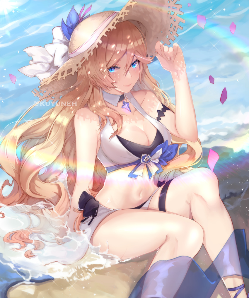 1girl adjusting_clothes adjusting_hat arm_support bianka_durandal_ataegina bikini blonde_hair blue_eyes blue_sky blush breasts cleavage cloud collar commentary dappled_sunlight day gem glint hair_between_eyes halterneck hat hat_ribbon highres honkai_(series) honkai_impact_3rd large_breasts long_hair looking_at_viewer multicolored multicolored_bikini multicolored_clothes navel ocean outdoors partially_submerged petals rainbow ribbon sarong sky smile soaking_feet solo sparkle straw_hat sun sunlight swimsuit thigh_strap twitter_username very_long_hair watermark zoueru