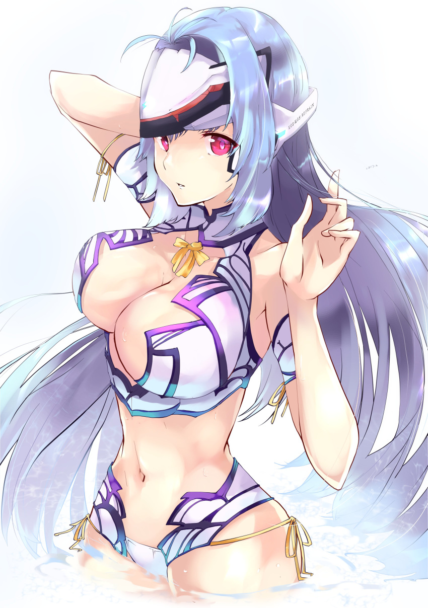 1girl absurdres bikini blue_hair breasts center_opening cleavage cowboy_shot forehead_protector highres kos-mos large_breasts long_hair navel red_eyes risumi_(taka-fallcherryblossom) solo swimsuit very_long_hair water white_background white_bikini xenosaga