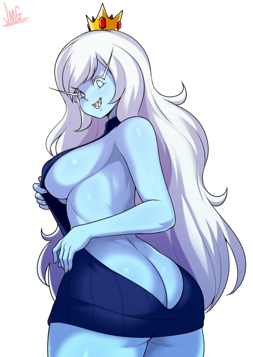 1girl adventure_time backless_dress backless_outfit bare_back bare_shoulders blue_skin blue_sweater breasts butt_crack crown dress eyebrows_visible_through_hair genderswap genderswap_(mtf) highres ice_queen jmg large_breasts long_eyebrows long_hair looking_at_viewer meme_attire naked_sweater sharp_teeth sideboob sweater sweater_dress teeth turtleneck turtleneck_sweater very_long_hair virgin_killer_sweater white_hair