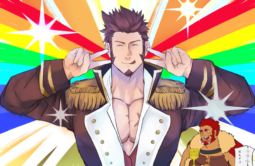 1boy 2boys bangs beard blue_eyes blush brown_hair cape chest couple double_v emotional_engine_-_full_drive epaulettes facial_hair fate/grand_order fate_(series) hands_up highres iskandar_(fate) leather loboke long_sleeves looking_at_viewer male_focus military military_uniform multiple_boys muscle napoleon_bonaparte_(fate/grand_order) open_clothes open_mouth parody pectorals red_hair scar simple_background smile sparkle star_(symbol) uniform v