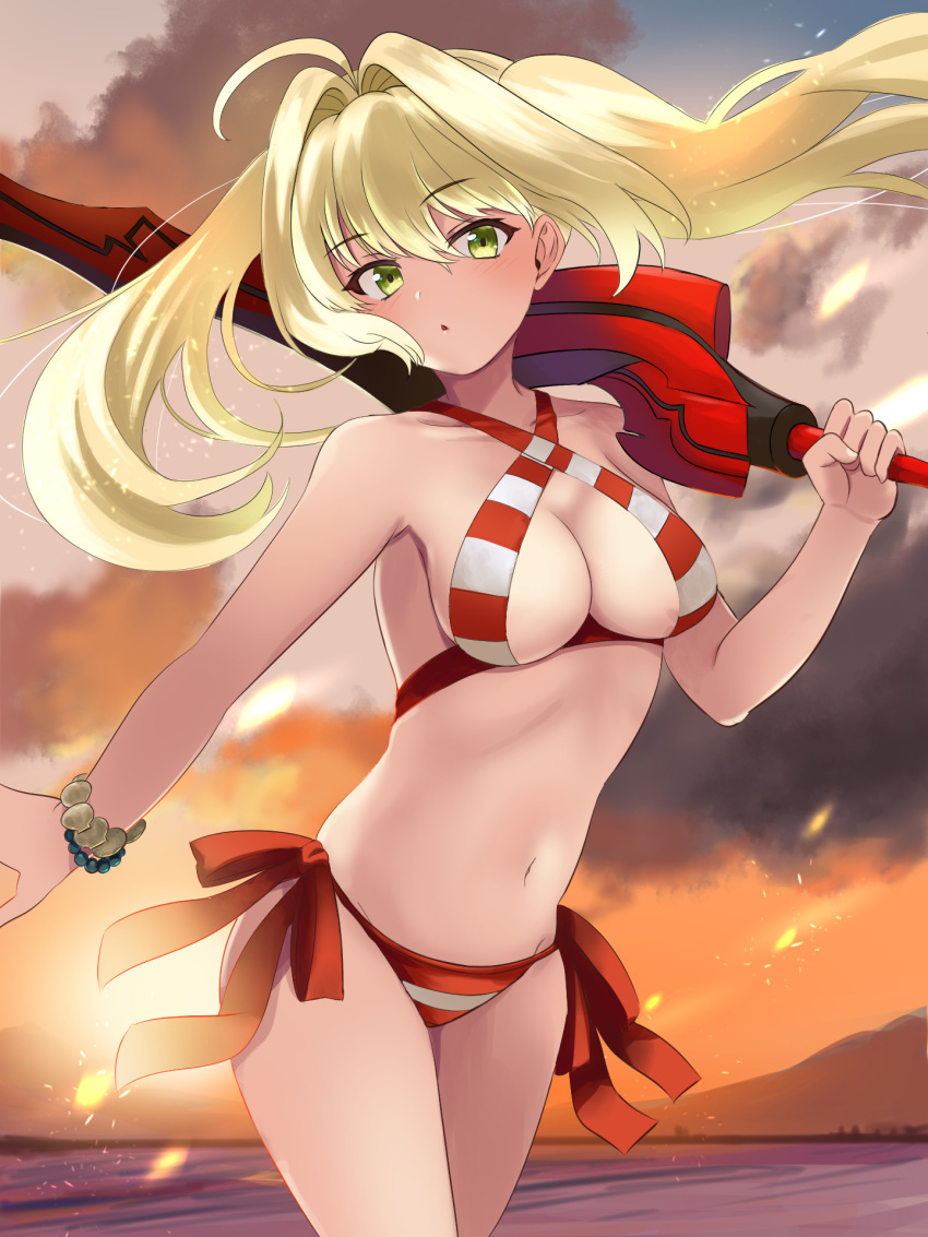 1girl aestus_estus ahoge bangs bare_shoulders bead_bracelet beads bikini blonde_hair bracelet breasts cleavage collarbone criss-cross_halter earrings fate/grand_order fate_(series) green_eyes hair_between_eyes hair_intakes halterneck highres jewelry john_manjirou_(love-love-happy21) large_breasts long_hair looking_at_viewer navel nero_claudius_(fate)_(all) nero_claudius_(swimsuit_caster)_(fate) red_bikini side-tie_bikini striped striped_bikini swimsuit sword thighs twintails weapon