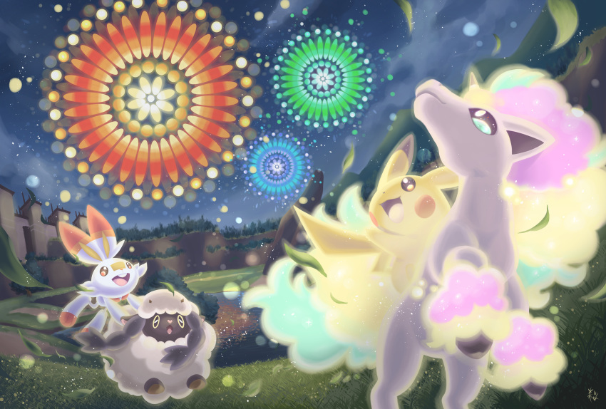 absurd_res ambiguous_gender cervid feral fireworks fur galarian_ponyta glowing hi_res holidays horn lagomorph leaf long_ears mammal mane new_year night nintendo pikachu pink_nose pok&eacute;mon pok&eacute;mon_(species) ponyta regional_form_(pok&eacute;mon) riding rodent scorbunny smile tongue video_games white_body wool_(fur) wooloo yellow_body yellow_inner_ear