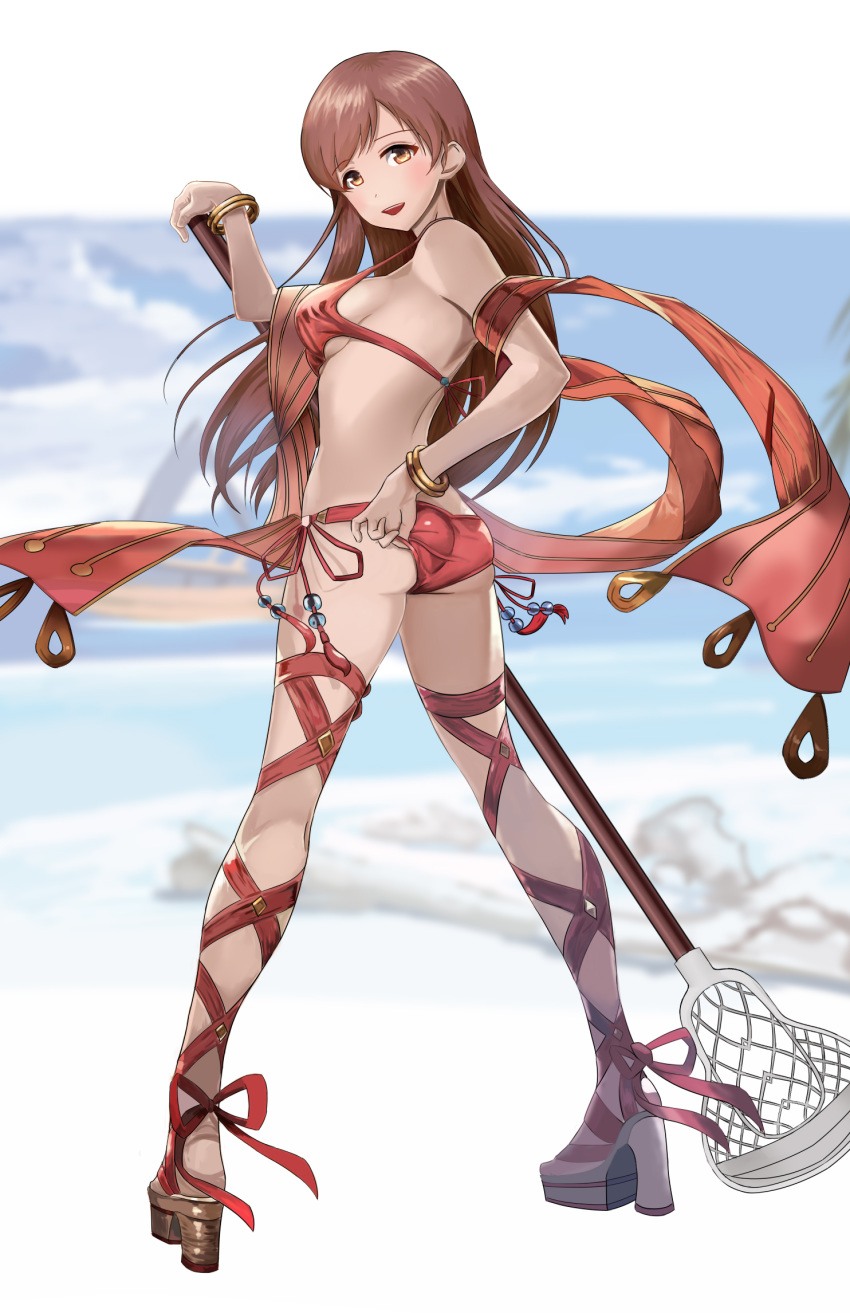 1girl :d adjusting_clothes adjusting_swimsuit ass bangs bikini blue_sky blush bracelet breasts brown_eyes brown_hair cloud cosplay crossover granblue_fantasy high_heels highres idolmaster idolmaster_cinderella_girls jewelry long_hair looking_at_viewer looking_back medium_breasts nitta_minami ocean open_mouth open_toe_shoes racket red_bikini side-tie_bikini sideboob sky smile solo swimsuit taka_(takahirokun) underboob upper_teeth water zeta_(granblue_fantasy) zeta_(granblue_fantasy)_(cosplay)