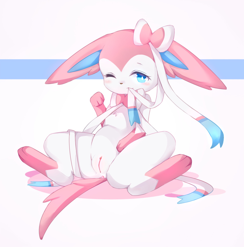 2020 anthro anus blue_eyes blush bow butt canid canine cute_face digital_media_(artwork) ears_down eeveelution female flong fur genitals hi_res leaned_back looking_at_viewer mammal multicolored_body multicolored_fur nintendo pivoted_ears pok&eacute;mon pok&eacute;mon_(species) presenting presenting_hindquarters pussy ribbons simple_background smile solo sylveon video_games winking_at_viewer