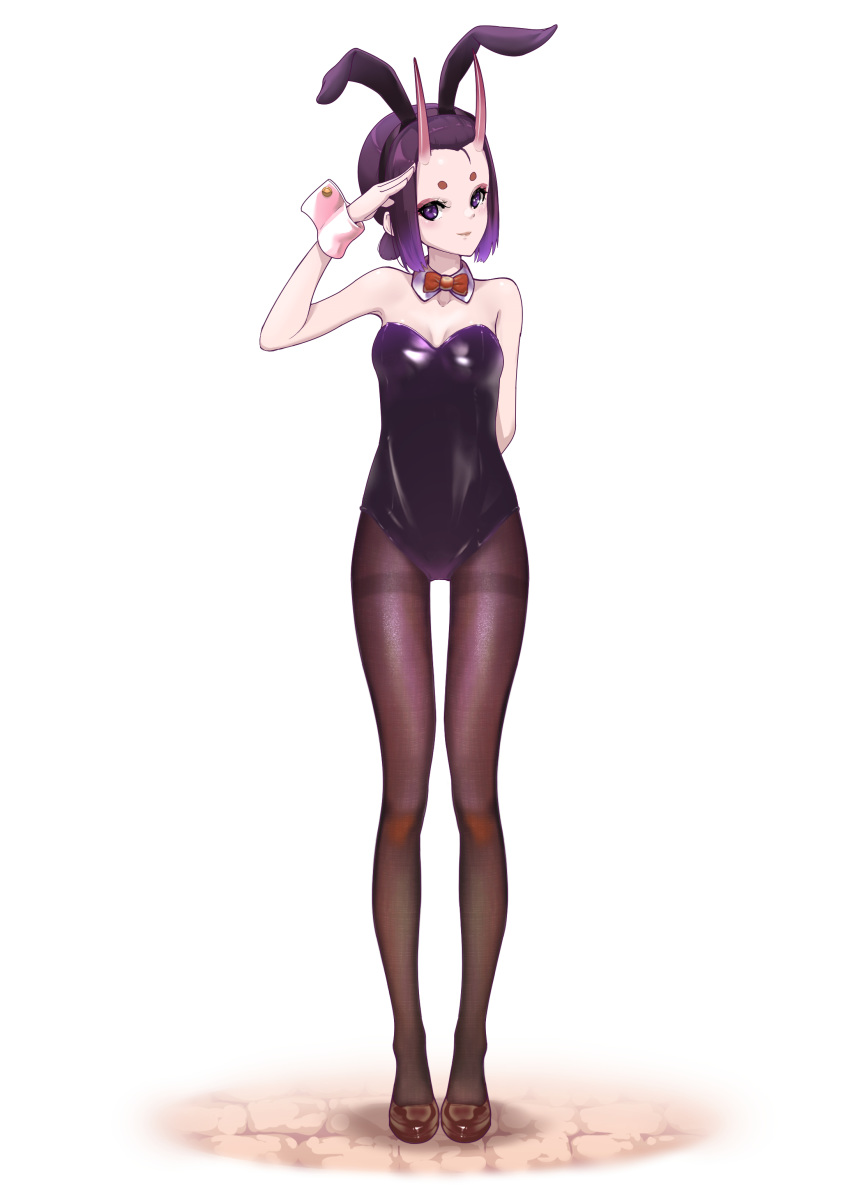 1girl absurdres animal_ears arm_behind_back bare_shoulders black_legwear black_leotard blush breasts bunny_ears bunnysuit closed_mouth collarbone detached_collar eyeliner fate/grand_order fate_(series) forehead full_body hair_pulled_back hairband highres horns legs leotard looking_at_viewer makeup obabynight oni oni_horns pantyhose purple_eyes purple_hair short_eyebrows short_hair short_ponytail shuten_douji_(fate/grand_order) simple_background skin-covered_horns small_breasts smile strapless strapless_leotard thighband_pantyhose wrist_cuffs