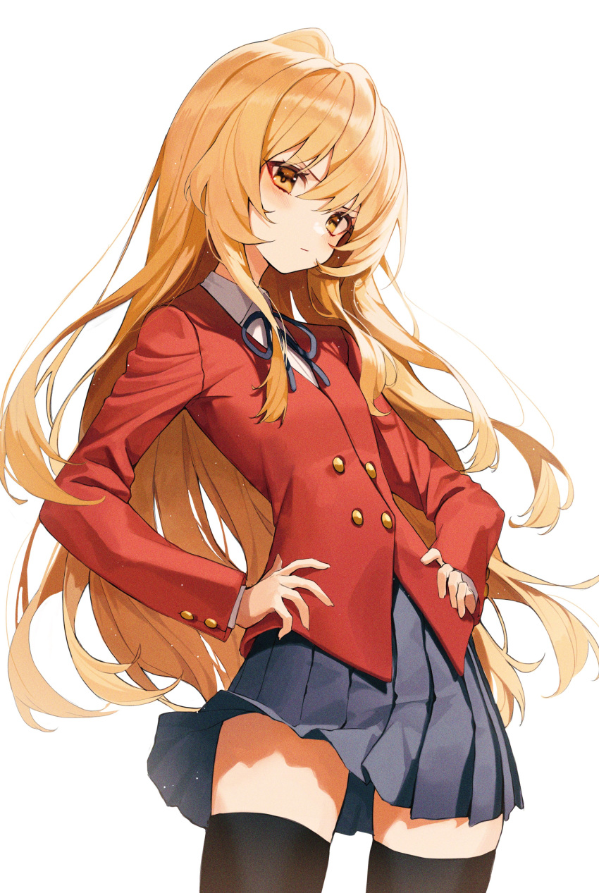 1girl absurdres aisaka_taiga blue_skirt brown_eyes brown_hair flat_chest hands_on_hips highres jacket leaning_back long_hair looking_down oohashi_high_school_uniform pout pro-p red_jacket school_uniform skirt solo symbol_commentary thighhighs toradora! v-shaped_eyebrows white_background zettai_ryouiki