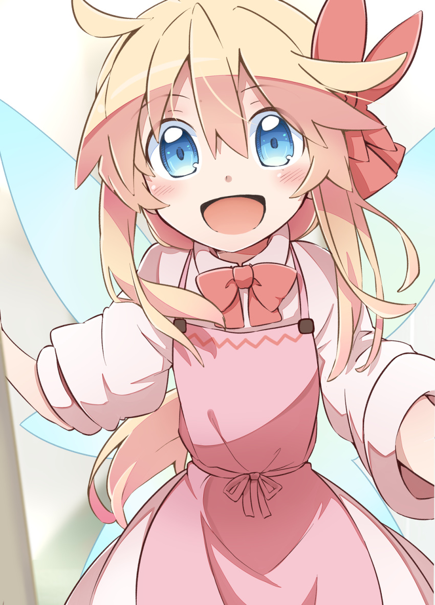 1girl :d apron bangs blonde_hair blush bow bowtie eyebrows_visible_through_hair eyes_visible_through_hair fairy_wings hair_between_eyes hair_bow highres lily_white long_hair looking_at_viewer no_hat no_headwear open_mouth pink_apron red_bow red_neckwear smile solo touhou wings yutamaro