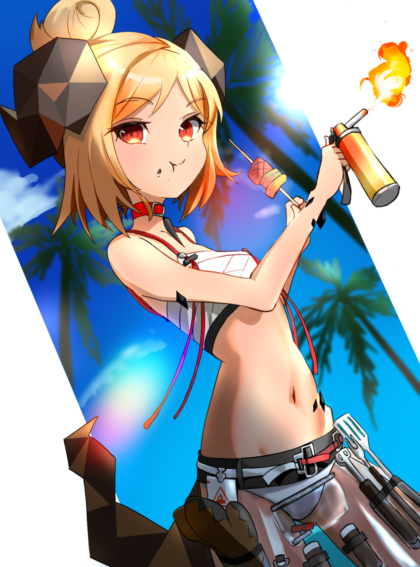 1girl arknights bikini blonde_hair blowtorch chewing choker cloud commentary_request dutch_angle eyebrows_visible_through_hair fire flame flat_chest food food_on_face fork hair_bun highres holding horns ifrit_(arknights) looking_at_viewer navel ore_lesion_(arknights) originium_(arknights) oven_mitts palm_tree see-through shirokuma1414 short_hair skewer sky smile solo spatula standing stomach sunlight swimsuit tail tree white_bikini
