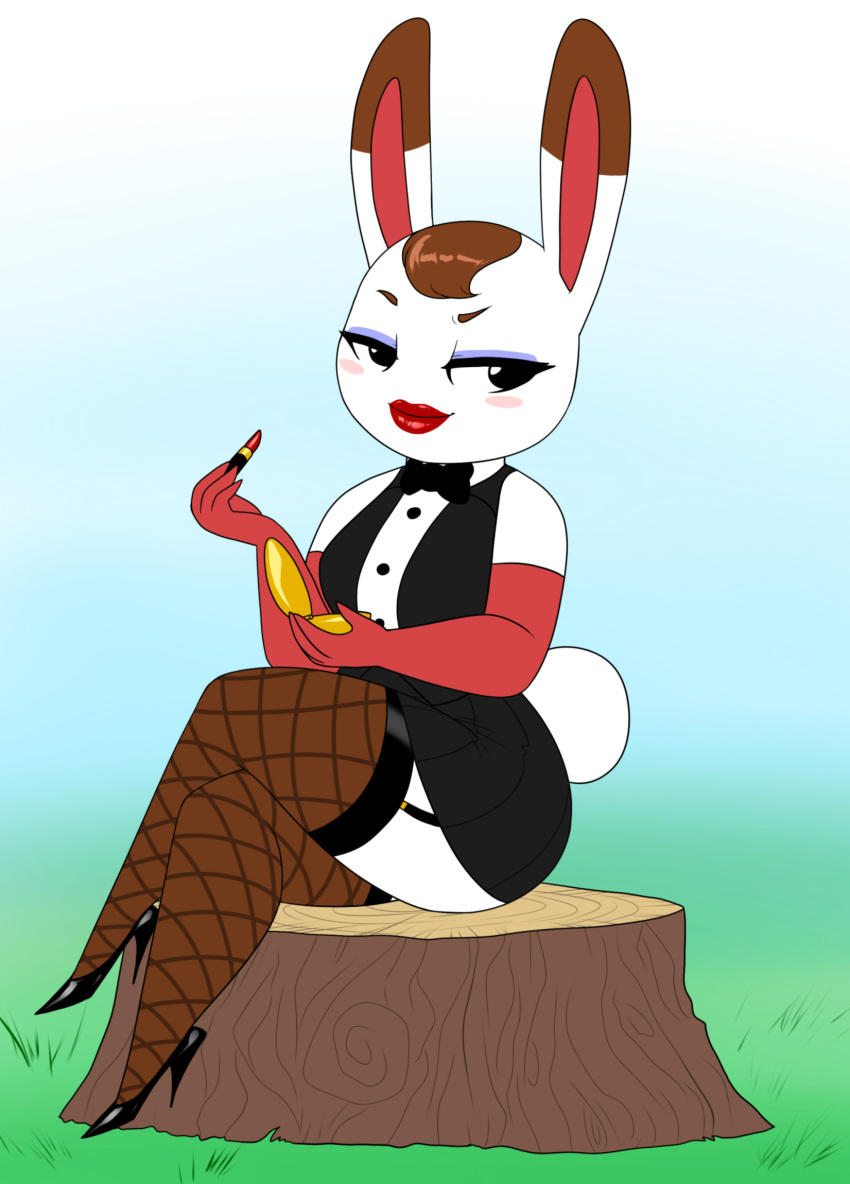 alternate_costume animal_crossing anthro applying_makeup bottomwear bow_tie clothing crovirus eyeshadow female fishnet fishnet_legwear footwear garter_straps gloves grass handwear hi_res high_heels lagomorph legwear leporid lipstick looking_away makeup mammal nintendo personal_grooming rabbit shoes sitting skirt solo tiffany_(animal_crossing) tree_stump video_games