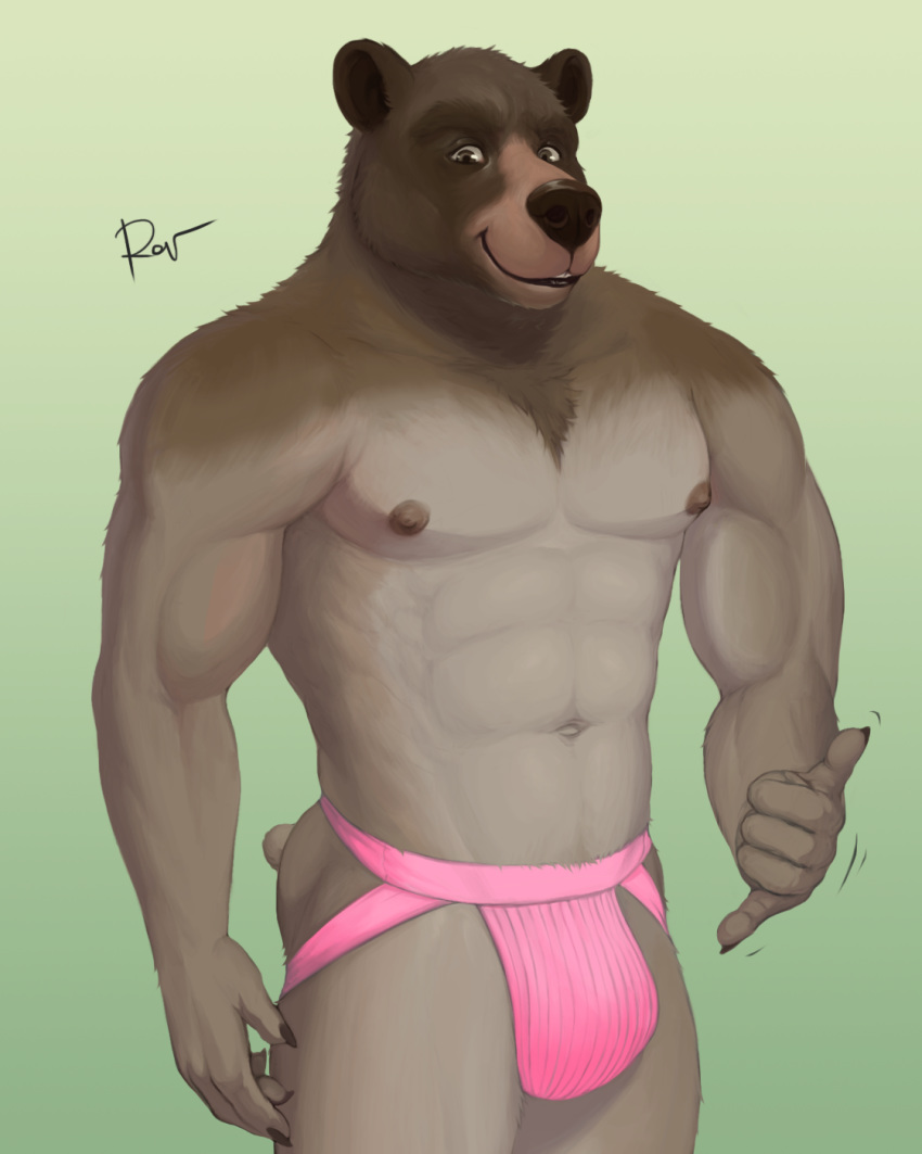 2020 4:5 5_fingers abs anthro balls biceps black_nose clothing finger_claws fingers fur genitals gradient_background hand_gesture hi_res jockstrap looking_at_viewer male mammal muscular muscular_male navel nipples pink_clothing pink_jockstrap pink_underwear rov signature simple_background solo underwear ursid