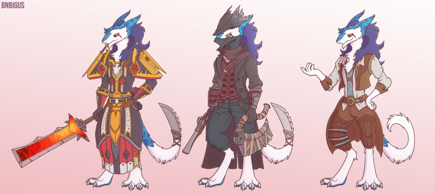 absurd_res anthro armor bandanna blizzard_entertainment bloodborne bnbigus bottomwear clothed clothing fromsoftware fur gun hair hat headgear headwear hi_res male melee_weapon polearm ranged_weapon sergal simple_background skirt solo sony_corporation sony_interactive_entertainment spear standing sword video_games warcraft weapon