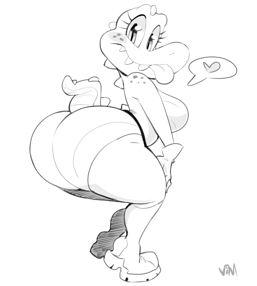 absurd_res anthro big_butt boots bottomwear breasts butt clothed clothing crocodilian featureless_breasts female footwear gloves handwear hi_res monochrome reptile scalie shorts solo sydney_swamp_(vimhomeless) tongue tongue_out topless vimhomeless