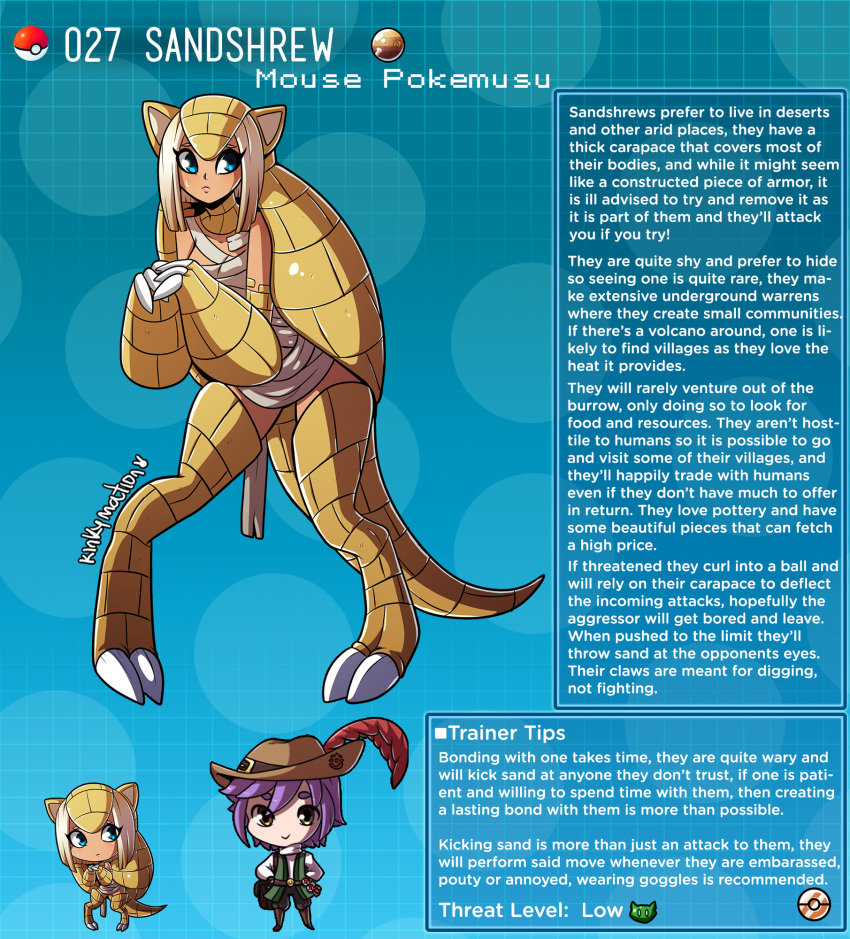alternate_species animal_humanoid armor bandage blonde_hair claws clothed clothing duo english_text eulipotyphlan female hair hi_res human humanoid humanoidized kinkymation male mammal nintendo pok&eacute;dex pok&eacute;mon pok&eacute;mon_(species) pok&eacute;mon_trainer sandshrew tan_body text video_games