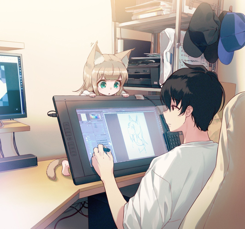 1boy 1girl 40hara animal_ear_fluff animal_ears aqua_eyes bangs baseball_cap black_hair cat_ears cat_girl cat_tail closed_mouth commentary_request desk drawing_tablet hat indoors kinako_(40hara) light_brown_hair monitor original stylus tail