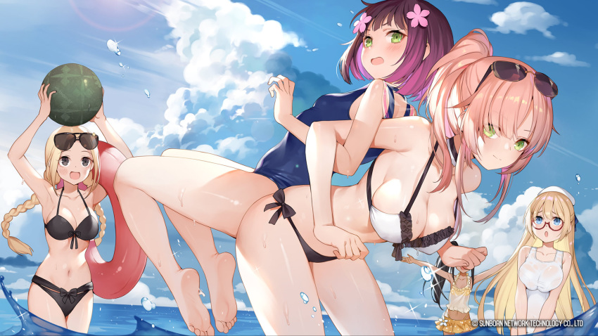 5girls alternate_costume armpits arms_up ass-to-ass back-to-back bare_legs barefoot bent_over bikini black_bikini black_eyes blonde_hair blue_eyes blue_sky blue_swimsuit blush braid breasts c-ms_(girls_frontline) cleavage covered_navel day eyewear_on_head feet flying_sweatdrops food fruit game_cg girls_frontline glasses green_eyes haijin hat highres innertube large_breasts locked_arms long_hair multiple_girls navel official_art one-piece_swimsuit outdoors outstretched_arms pink_hair ponytail purple_hair r93_(girls_frontline) red-framed_eyewear school_swimsuit semi-rimless_eyewear serdyukov_(girls_frontline) short_hair sky sunglasses swimsuit twin_braids type_4_(girls_frontline) under-rim_eyewear wading watermelon wet white_swimsuit z-62_(girls_frontline)