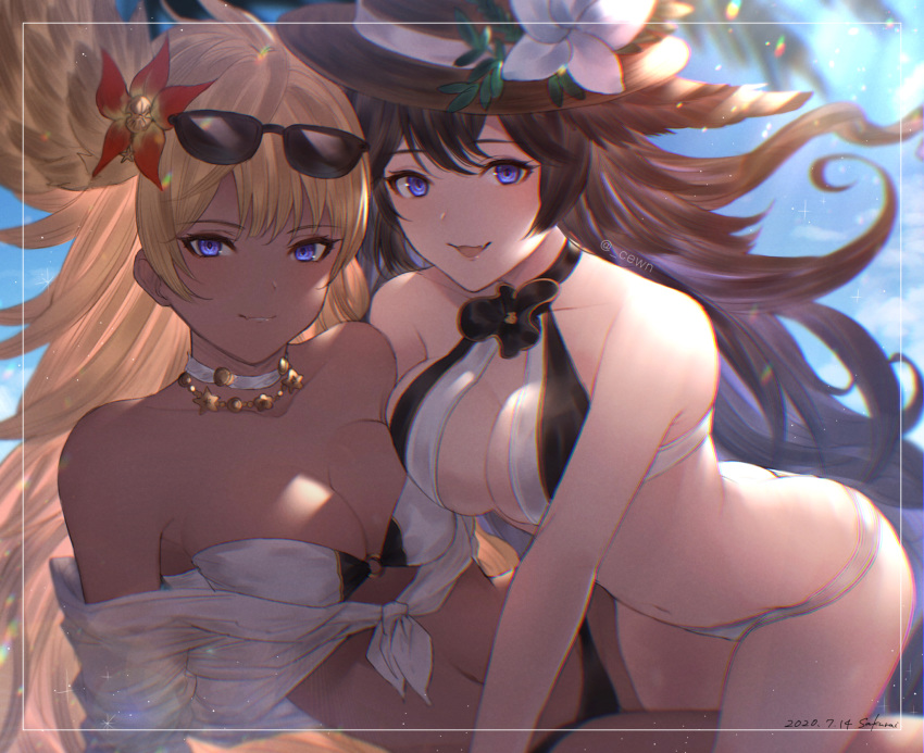 2girls bikini black_hair blonde_hair blue_eyes breasts choker cleavage dark_skin dated eyewear_on_head flower granblue_fantasy hair_flower hair_ornament harut_(granblue_fantasy) hat head_wings highres kiri_ph long_hair marut_(granblue_fantasy) multiple_girls navel signature smile sun_hat sunglasses swimsuit twitter_username