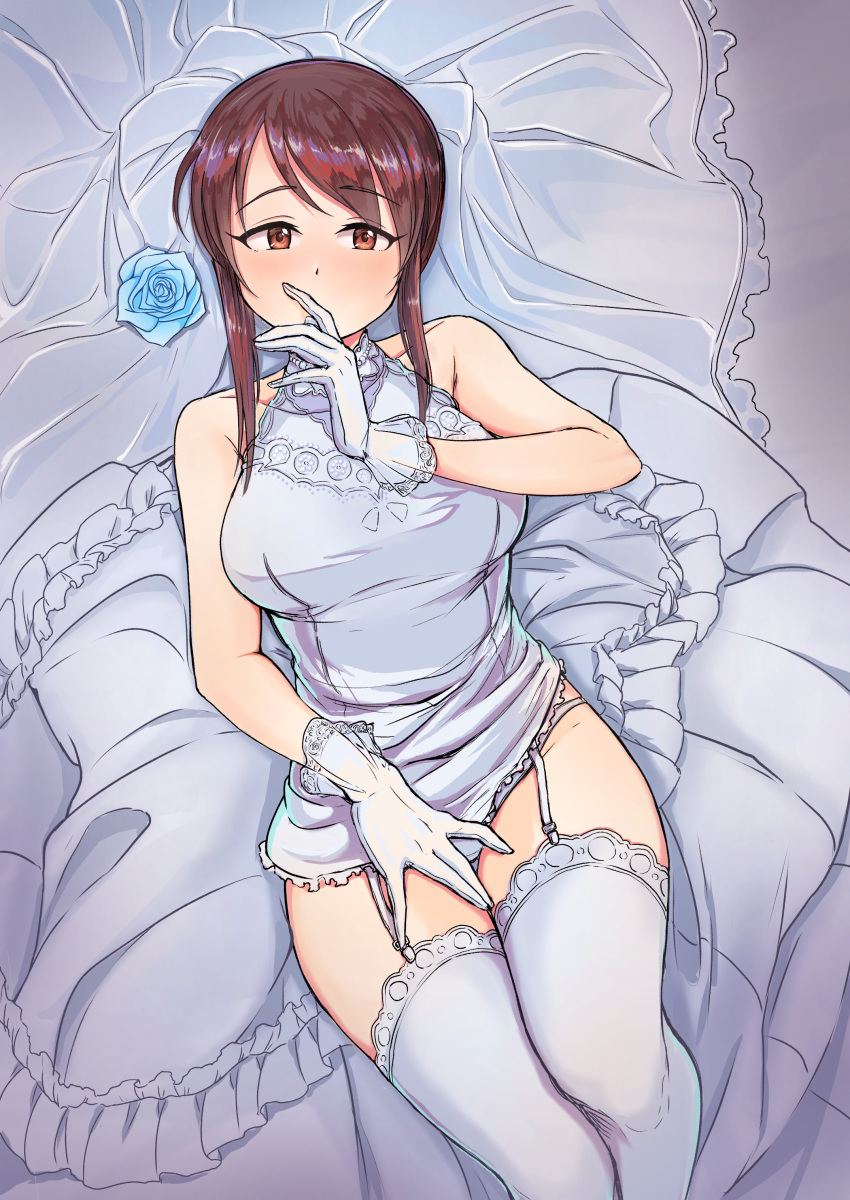 1girl absurdres bangs bare_shoulders blush breasts bridal_veil brown_eyes brown_hair dress eyebrows_visible_through_hair garter_straps gloves highres idolmaster idolmaster_cinderella_girls looking_at_viewer lying mifune_miyu on_back panties pengwin sleeveless sleeveless_dress solo thighhighs underwear veil white_gloves white_legwear white_panties