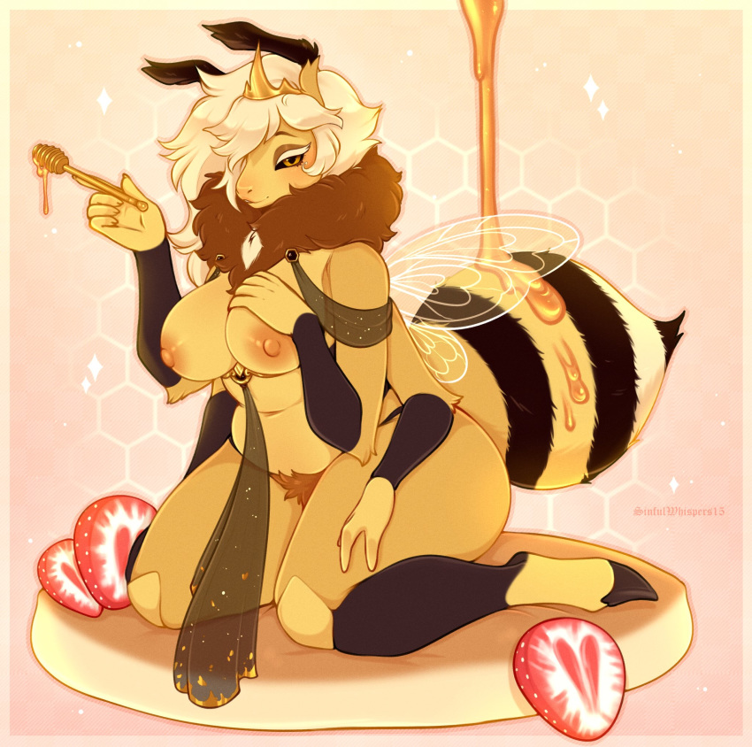 anthro arthropod bee big_breasts breasts crown female food fruit hi_res holding_breast honey hymenopteran insect multi_arm multi_limb nipples pancake plant pubes royalty sinfulwhispers15 solo strawberry