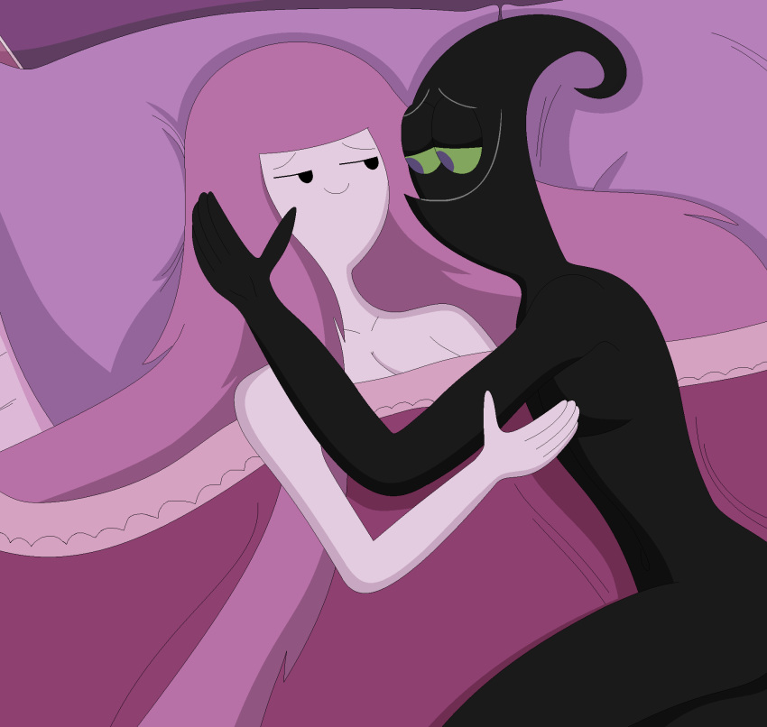 1boy 1girl adventure_time bed black_skin breasts highres long_hair nathaniel718 nergal_(billy_&amp;_mandy) nude pillow pink_hair pink_skin princess_bonnibel_bubblegum self_upload the_grim_adventures_of_billy_&amp;_mandy