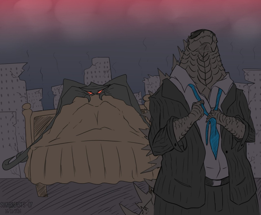after_sex anthro bed black_body blush claws clothed clothing detailed_background duo fangs female furniture godzilla godzilla_(series) kaiju male male/female muto_(godzilla) necktie red_eyes romantic_couple spikes tentacles toho vipery-07