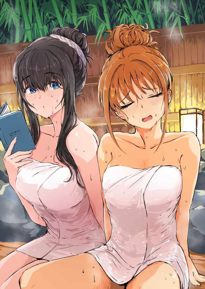 2girls absurdres bamboo bamboo_forest bangs black_hair blue_eyes blush book breasts brown_hair cleavage closed_eyes eyebrows_visible_through_hair forest hair_between_eyes hair_bun highres hino_akane_(idolmaster) idolmaster idolmaster_cinderella_girls multiple_girls nature onsen open_mouth outdoors pengwin sagisawa_fumika sitting sweat towel