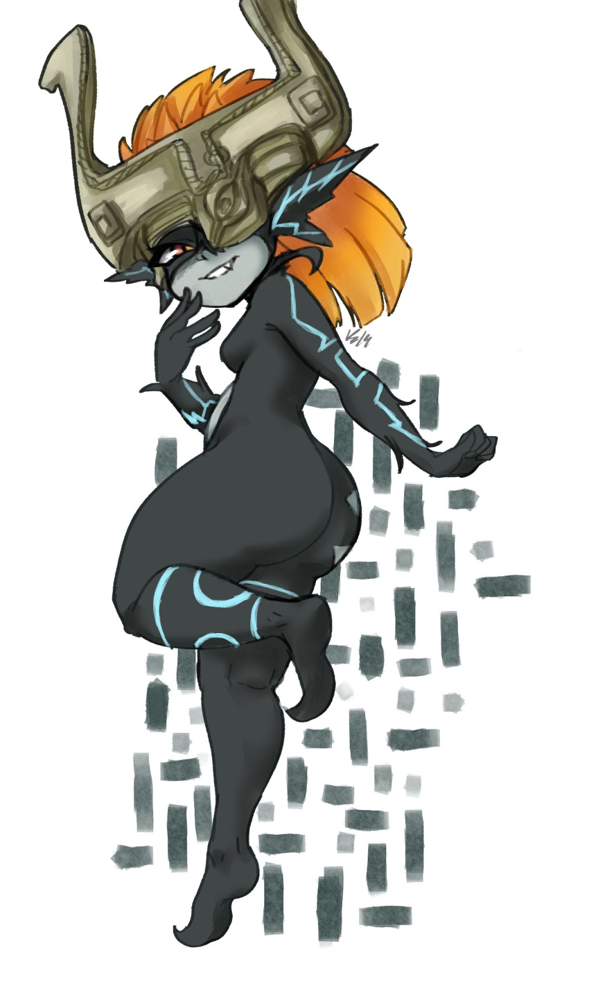 2019 armor barefoot big_butt breasts butt butt_pose featureless_breasts female giggling hair headgear helmet hi_res humanoid humanoid_pointy_ears imp looking_back midna nintendo nude on_one_leg orange_eyes orange_hair pose side_boob small_breasts smile solo standing tamamonokama tattoo the_legend_of_zelda twili twilight_princess video_games