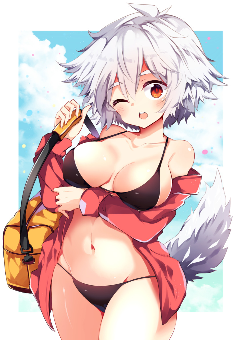 1girl ;o bag bangs bikini black_bikini blue_sky blush border breasts cloud collarbone commentary_request cowboy_shot day eyebrows_visible_through_hair groin hair_between_eyes hand_up highres inubashiri_momiji jacket large_breasts long_sleeves looking_at_viewer maturiuta_sorato navel no_hat no_headwear off_shoulder one_eye_closed open_clothes open_jacket open_mouth outdoors outside_border red_eyes red_jacket short_hair shoulder_bag silver_hair sky solo standing stomach swimsuit tail thighs touhou white_border wolf_tail