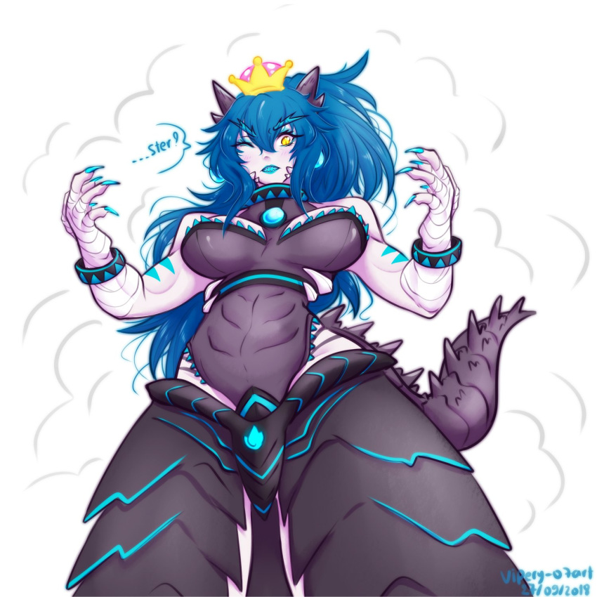 1:1 blue_hair bowsette_meme breasts claws clothed clothing crossover crown dialogue dialogue_box fangs female godzilla godzilla_(series) hair hi_res horn human hybrid kaiju mammal mario_bros meme nintendo one_eye_closed open_mouth simple_background solo spikes super_crown toho transformation video_games vipery-07 white_background yellow_eyes