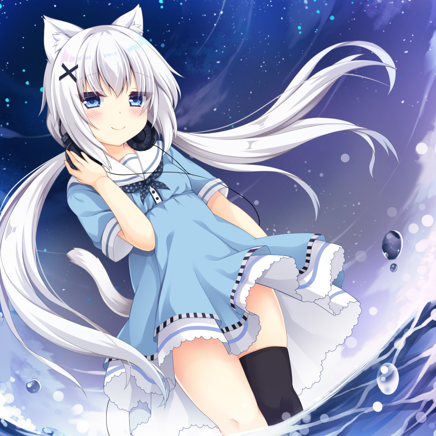 1girl absurdres animal_ear_fluff animal_ears bangs black_legwear blue_dress blue_eyes blush cat_ears cat_girl cat_tail closed_mouth commentary_request dress dutch_angle eyebrows_visible_through_hair feet_out_of_frame hair_between_eyes hair_ornament hand_on_headphones headphones headphones_around_neck highres long_hair looking_at_viewer low_twintails night night_sky original outdoors sailor_collar sailor_dress sakuraba_hikaru_(loveindog) short_sleeves single_thighhigh sky smile solo star_(sky) starry_sky tail thighhighs twintails very_long_hair wading water water_drop white_hair white_sailor_collar x_hair_ornament