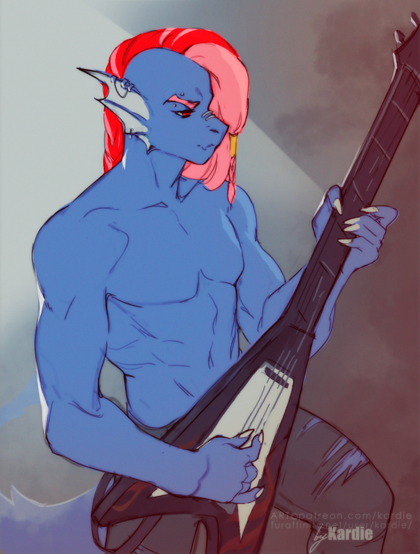 bottomwear clothing fish great_white_shark guitar hi_res jeans kardie lamnid lamniform marine musical_instrument pants piercing plucked_string_instrument rips shark string_instrument