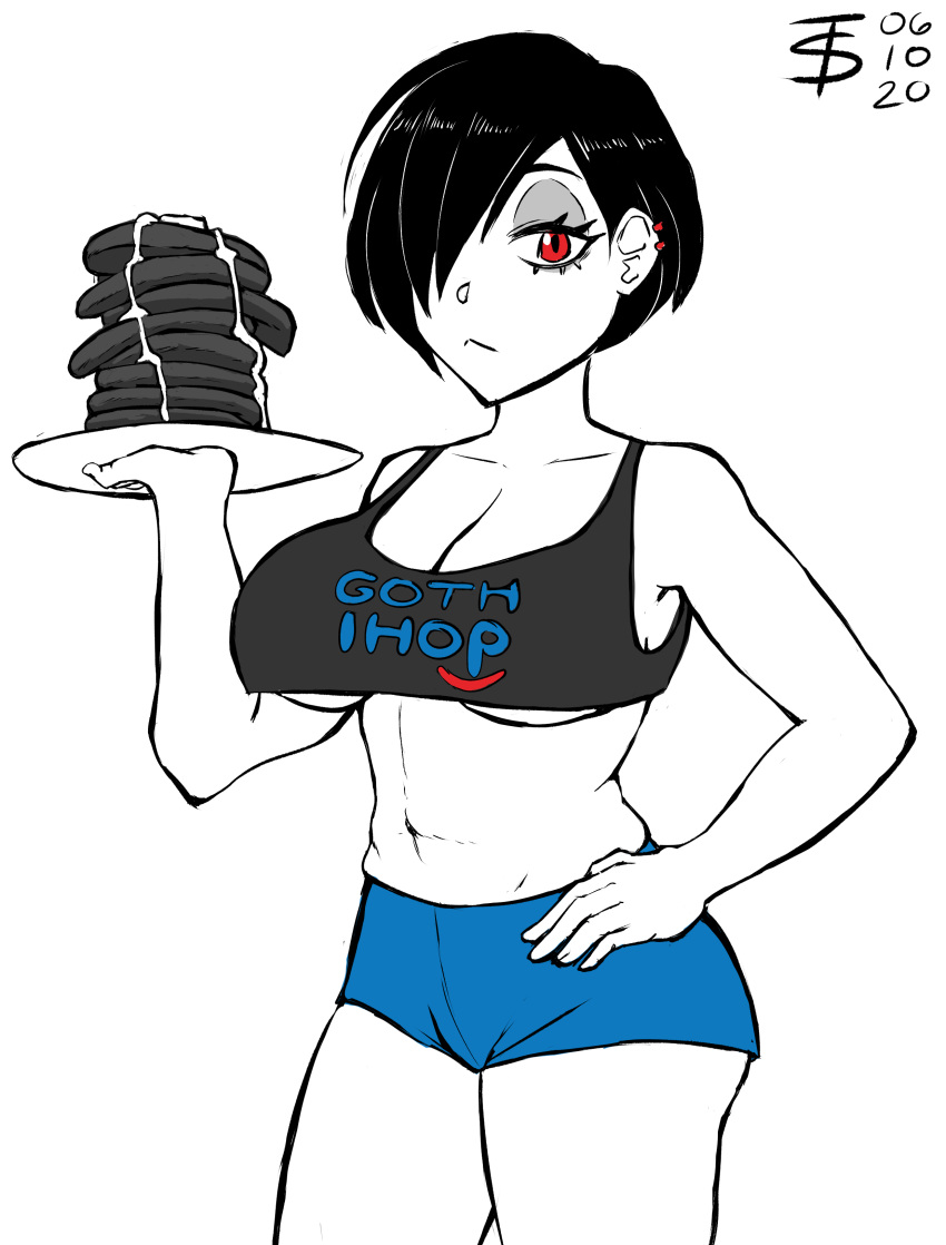 1girl absurdres black_hair breasts cowboy_shot crop_top dated ear_piercing eyeshadow femboy_hooters food gothic hair_over_one_eye hand_on_hip highres holding holding_plate ihop large_breasts limited_palette looking_at_viewer makeup midriff original pancake piercing plate print_tank_top red_eyes short_hair simple_background solo stack_of_pancakes syrup tank_top tomboy_sama underboob white_background