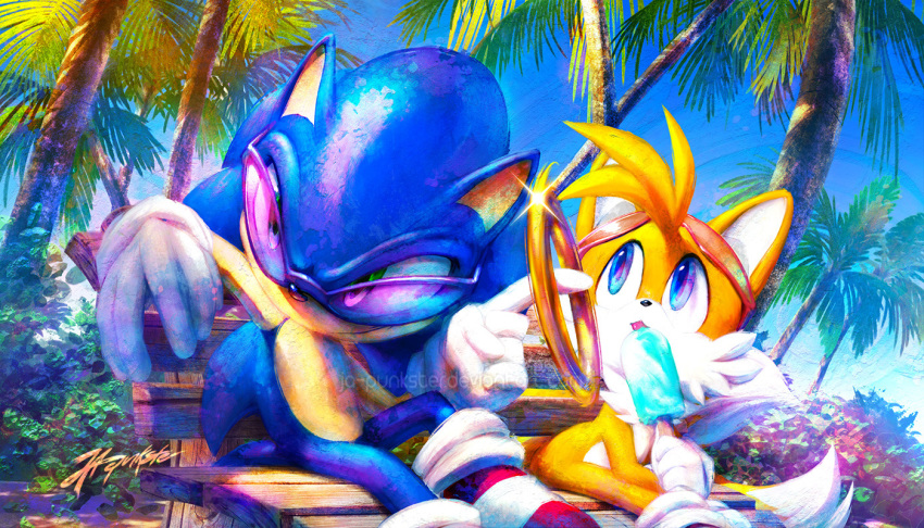 anthro bench blue_eyes canid canine clothing day dessert detailed_background duo eulipotyphlan eyewear food footwear fox gloves green_eyes handwear hedgehog ice_cream ja-punkster male mammal miles_prower palm_tree plant signature sitting sonic_the_hedgehog sonic_the_hedgehog_(series) sunglasses tongue tongue_out tree video_games watermark