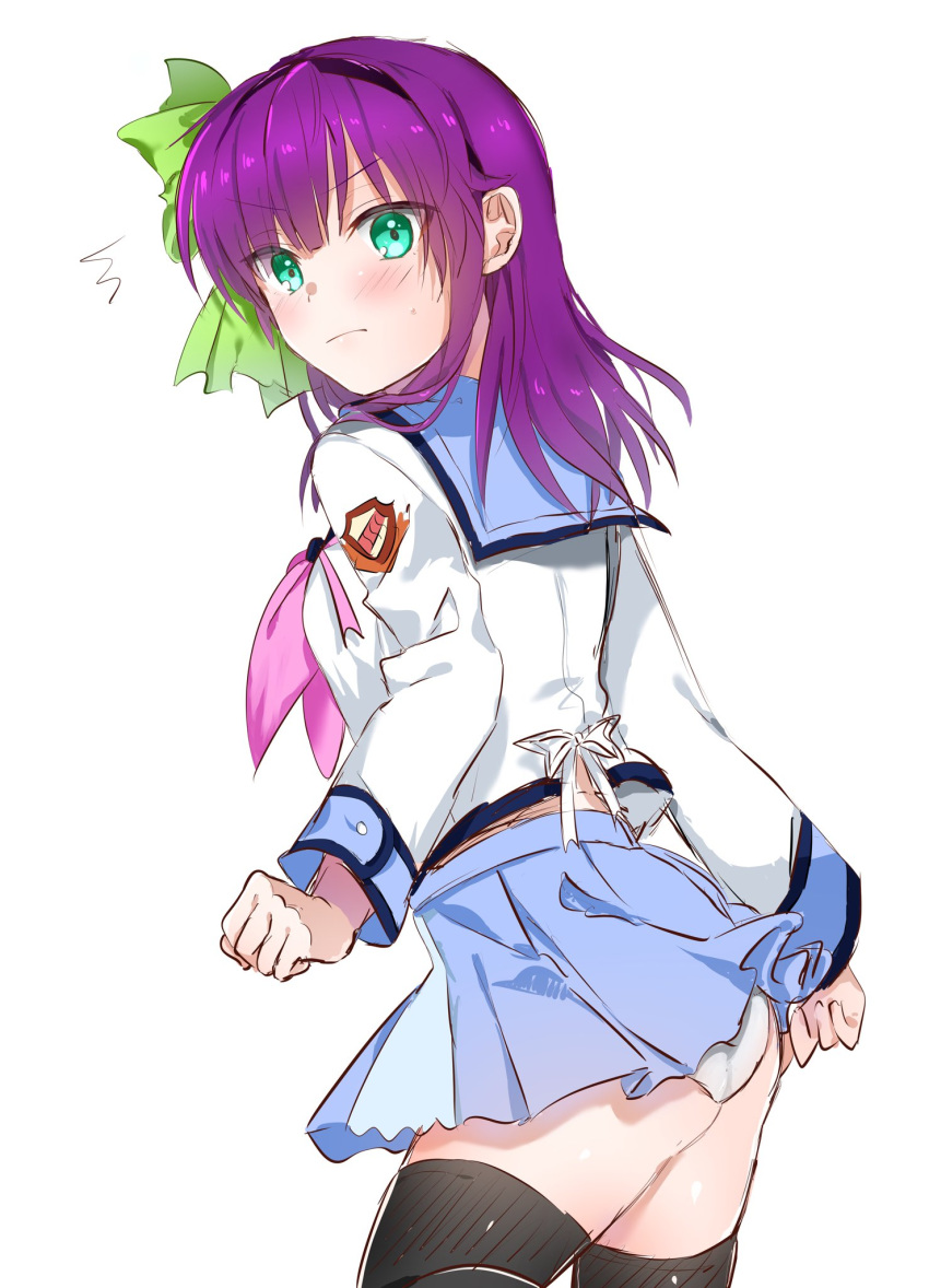 1girl angel_beats! bangs black_hairband black_legwear blue_sailor_collar blue_skirt blunt_bangs blush bow closed_mouth collared_shirt eyebrows_visible_through_hair green_bow hair_bow hairband highres long_hair long_sleeves looking_at_viewer miniskirt panties pink_neckwear pleated_skirt purple_hair ribbon sailor_collar sailor_shirt school_uniform shinda_sekai_sensen_uniform shiny shiny_hair shirt simple_background skirt solo standing sweatdrop thighhighs underwear white_background white_panties white_ribbon white_shirt yuri_(angel_beats!) zuzuhashi