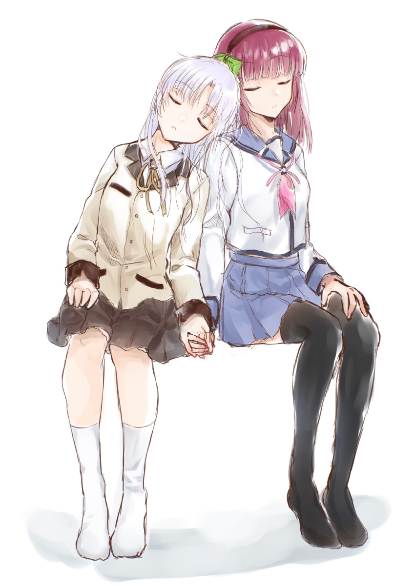 2girls absurdres angel_beats! black_hairband black_legwear black_skirt blue_sailor_collar blue_skirt bow collared_shirt green_bow hair_bow hairband head_tilt highres holding_hands invisible_chair jacket kneehighs long_hair long_sleeves miniskirt multiple_girls neck_ribbon pink_neckwear pleated_skirt purple_hair ribbon sailor_collar sailor_shirt school_uniform serafuku shinda_sekai_sensen_uniform shiny shiny_hair shirt silver_hair sitting sketch skirt sleeping sleeping_on_person sleeping_upright tenshi_(angel_beats!) thighhighs white_jacket white_legwear white_shirt yellow_ribbon yuri_(angel_beats!) zettai_ryouiki zuzuhashi