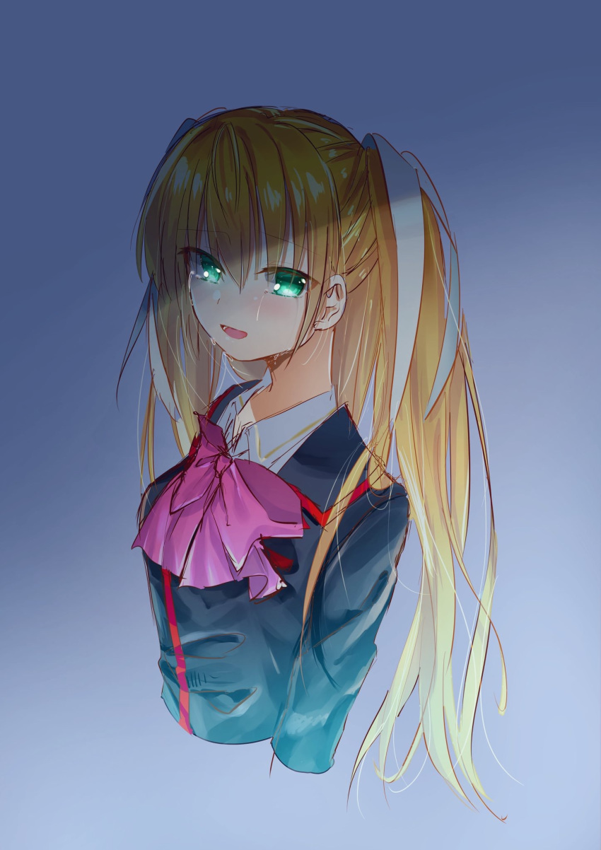1girl :d bangs black_jacket blonde_hair blue_background collared_shirt cropped_torso crying eyebrows_visible_through_hair gradient gradient_background green_eyes hair_between_eyes hair_ribbon highres jacket little_busters! long_hair long_sleeves open_mouth pink_neckwear ribbon school_uniform shiny shiny_hair shirt sketch smile solo tears tokido_saya twintails upper_body very_long_hair white_ribbon white_shirt wing_collar zuzuhashi