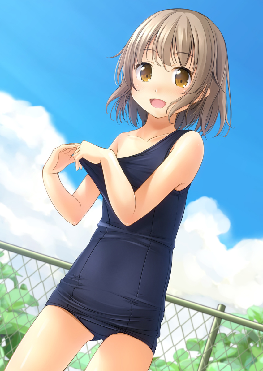 1girl :d bangs bare_arms bare_shoulders blue_sky blue_swimsuit blush brown_eyes brown_hair chain-link_fence cloud commentary_request day dutch_angle eyebrows_visible_through_hair fang fence hair_between_eyes highres looking_at_viewer old_school_swimsuit one-piece_swimsuit open_mouth original outdoors pulled_by_self school_swimsuit shibacha sky smile solo standing strap_pull swimsuit