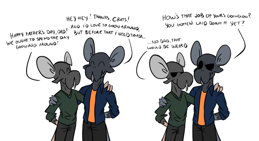 2020 anthro black_eyes bottomwear clothed clothing connivingrat crat_(connivingrat) dad_(connivingrat) dialogue duo english_text front_view fully_clothed grey_body hand_on_shoulder male mammal murid murine no_way_fag open_shirt pants rat rodent shirt simple_background standing text topwear white_background