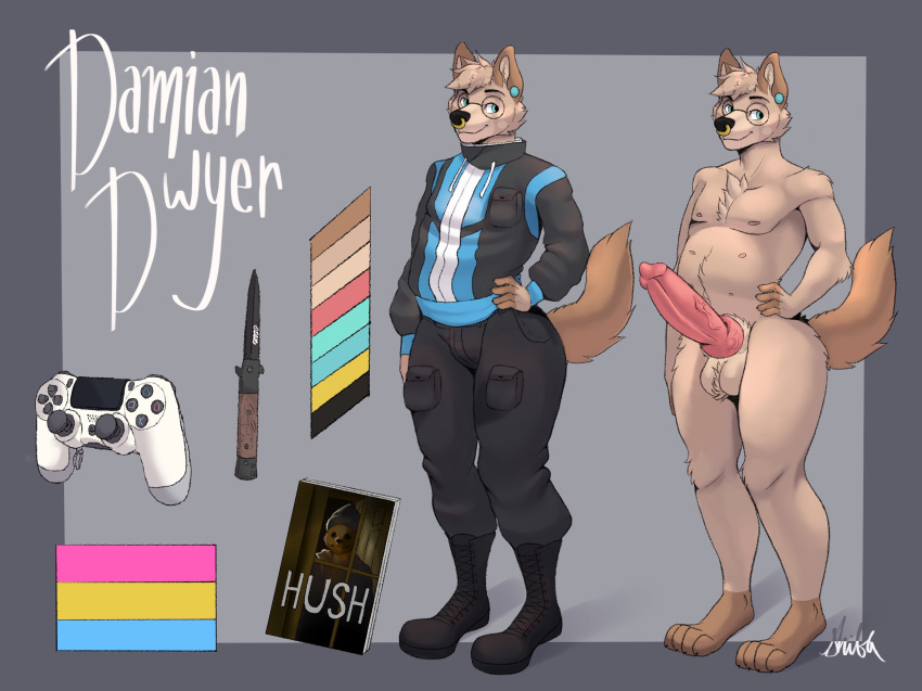 animal_genitalia animal_penis anthro balls big_balls big_penis canid canine canine_penis canis domestic_dog genitals hi_res horror_movie knife lgbt_pride male male/male mammal model_sheet musk pansexual_pride_colors penis pride_colors ps4_controller shibi solo