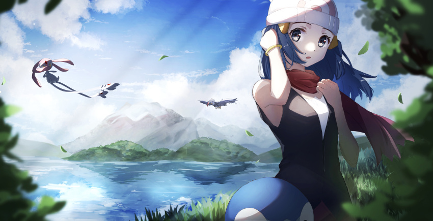 1girl absurdres beanie black_shirt blue_hair bracelet cloud commentary_request dawn_(pokemon) day eyelashes floating_hair floating_scarf grey_eyes hat highres jewelry lake leaves_in_wind light_rays long_hair mesprit mountain outdoors piplup pokemon pokemon_(creature) pokemon_(game) pokemon_dppt red_scarf scarf shirt sky sleeveless sleeveless_shirt staraptor wata0933 water white_headwear