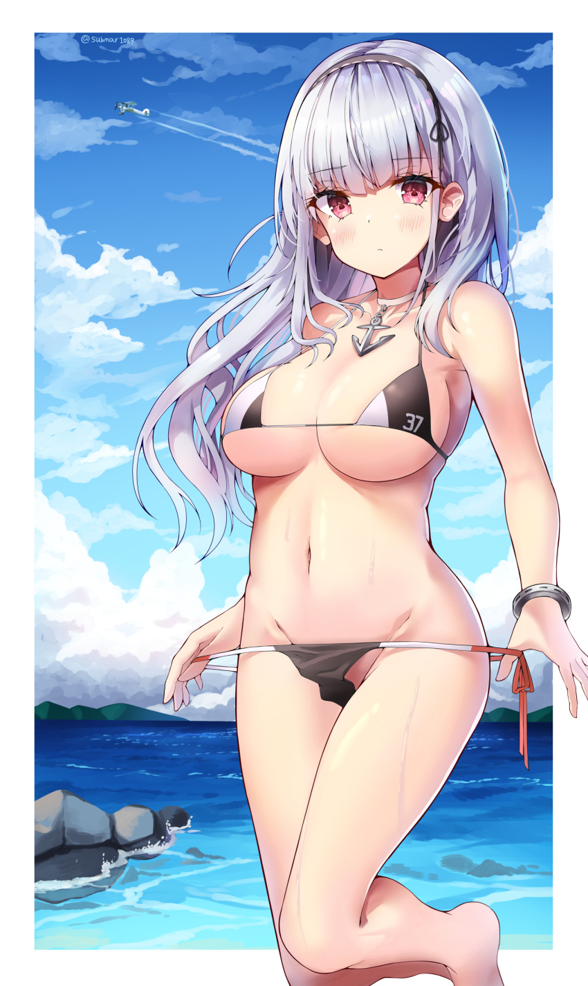 1girl absurdres aircraft airplane anchor azur_lane bangs bare_arms bare_legs bare_shoulders barefoot bikini black_hairband blue_sky blunt_bangs blush border bracelet breasts choker closed_mouth cloud condensation_trail day dido_(azur_lane) groin hairband highres jewelry large_breasts leg_up long_hair looking_at_viewer micro_bikini navel ocean outdoors outside_border purple_eyes red_ribbon ribbon rock side-tie_bikini silver_hair sky sobmarine solo standing standing_on_one_leg stomach strap_gap swimsuit twitter_username two-tone_bikini underboob water white_border white_choker