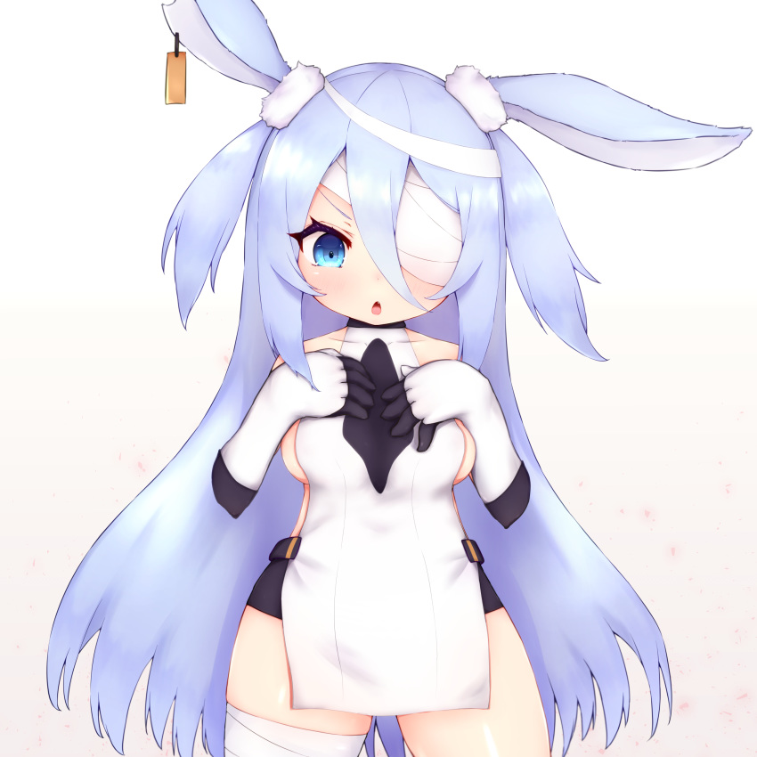 1girl absurdres animal_ears aquilasunrise bandage_over_one_eye bandaged_leg bandages bike_shorts black_shorts blue_eyes blue_hair breasts bunny_ears ear_tag elbow_gloves gloves hands_on_own_chest highres little_witch_nobeta long_hair monica_(little_witch_nobeta) open_mouth short_shorts shorts simple_background solo tabard thighs two_side_up white_background white_gloves white_tabard