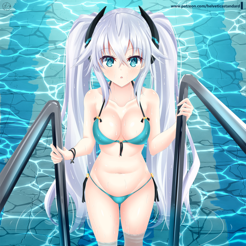 1girl bangs bikini black_heart blue_bikini blue_eyes blush breasts collarbone commentary_request crossed_bangs eyebrows_visible_through_hair hair_between_eyes halterneck headgear helvetica_std highres long_hair looking_at_viewer medium_breasts navel neptune_(series) open_mouth patreon_username pool pool_ladder power_symbol shiny shiny_hair sidelocks signature silver_hair solo swimsuit symbol-shaped_pupils twintails very_long_hair wet