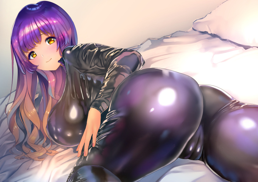 1girl absurdres ass banned_artist biker_clothes bikesuit black_bodysuit blush bodysuit breasts brown_hair cameltoe closed_mouth commentary_request couch curtains eyebrows_visible_through_hair fingernails from_behind gradient_hair highres hijiri_byakuren large_breasts leather_suit long_hair looking_at_viewer lying multicolored_hair nail_polish on_bed on_stomach pink_nails poko_(mammypoko) purple_hair pussy shiny shiny_clothes sideboob skin_tight smile solo touhou turbo_byakuren yellow_eyes