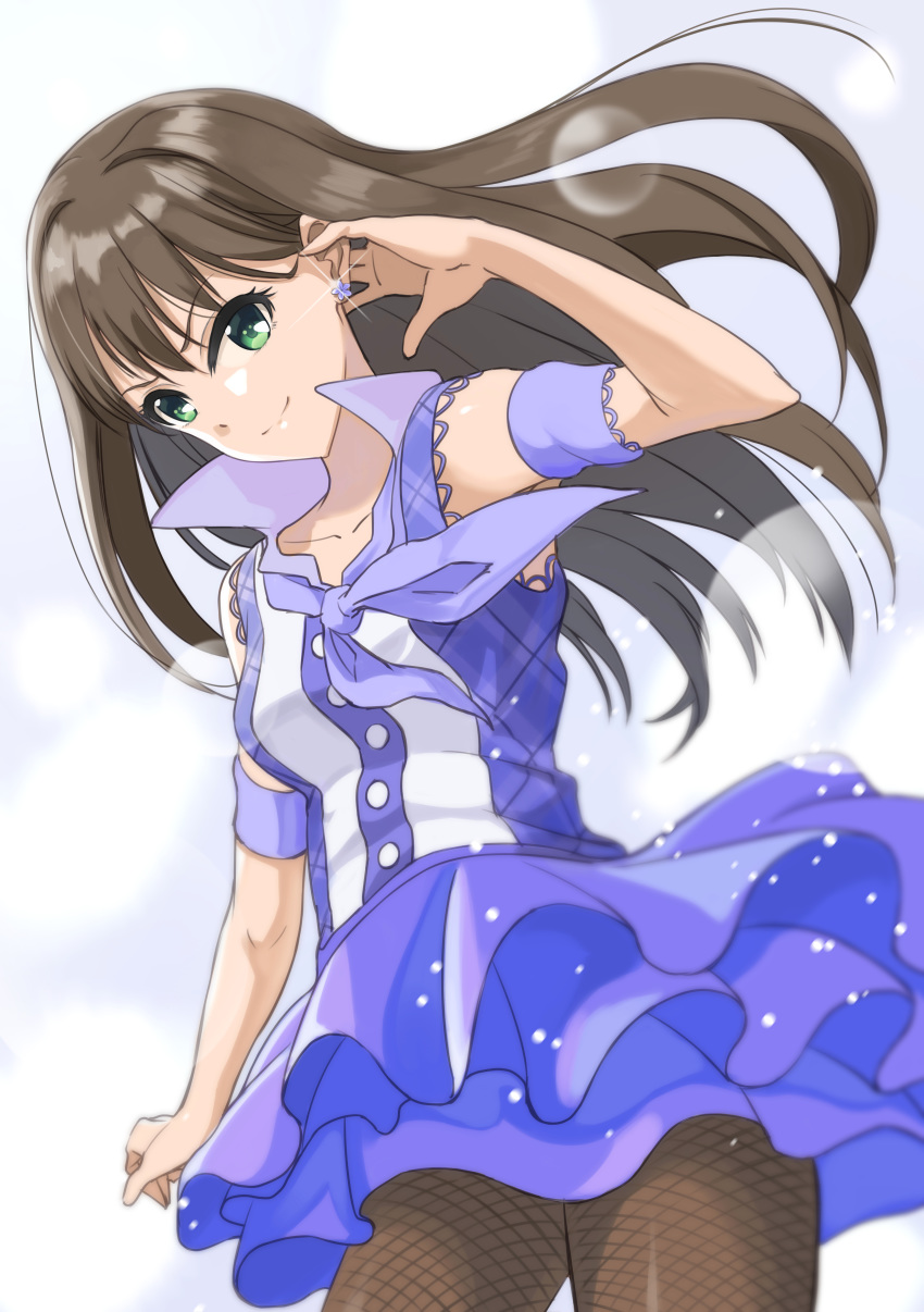 1girl absurdres arm_strap bangs black_legwear blue_skirt brown_hair collarbone cowboy_shot dress_shirt earrings fishnet_legwear fishnets floating_hair green_eyes hair_between_eyes highres idolmaster idolmaster_cinderella_girls jewelry layered_skirt long_hair miniskirt never_say_never pantyhose shibuya_rin shiny shiny_hair shirt skirt sleeveless sleeveless_shirt solo sparkle standing tazu very_long_hair